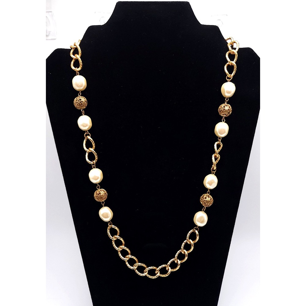 Gold‎ Tone Faux Pearl Station Necklace Filigree Link 25in